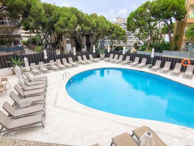 Hotelový bazén s modrou vodou a lehátky v oblasti lemované stromy