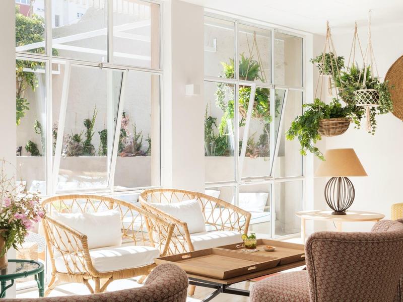 Salon lumineux avec plantes suspendues, mobilier en osier et grandes fenêtres donnant sur la verdure.