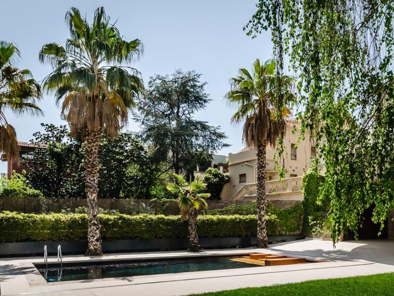 A quiet pool area surrounded by palm trees and a large building in the background.