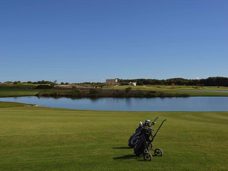 Grüner Golfplatz mit Teich, Golfwagen im Vordergrund, klares blaues Himmel, Bäume am Horizont.