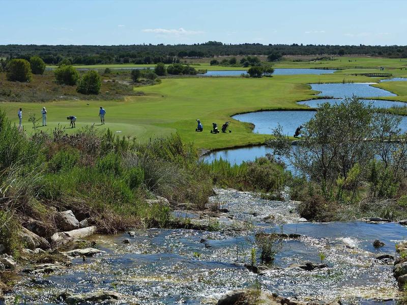 Grünes Golfplatzfeld mit Wasserhindernissen und Büschen, darunter fließt ein Bach mit Steinen.