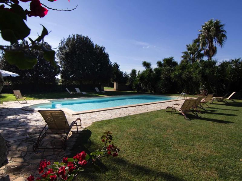 Freier Pool mit Liegestühlen, umgeben von grüner Wiese und Bäumen unter blauem Himmel.