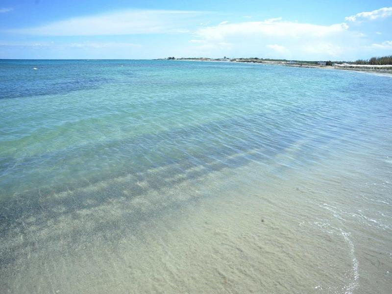 Clear shallow water on a sandy beach under a blue sky.