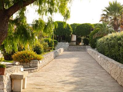 Breiter gepflasterter Weg mit Steinmauern, Bäumen und grünen Sträuchern bei Sonnenschein.