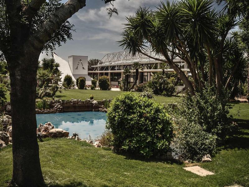 Großer Garten mit grasbewachsenem Rasen, Palmen, Teich und weißem Gebäude im Hintergrund.