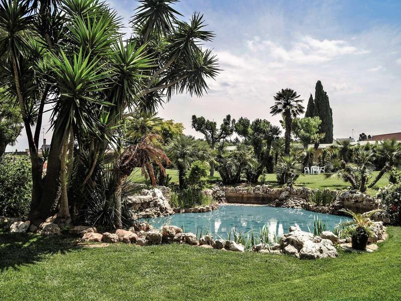 Ein kleiner Teich umgeben von Felsen und Palmen in einem grünen, sonnigen Garten.