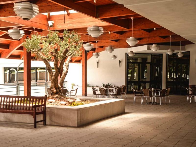 Überdachter Innenhof mit Holzbalkendecke, Sitzbänken und großem Baum in einem quadratischen Pflanzbeet.