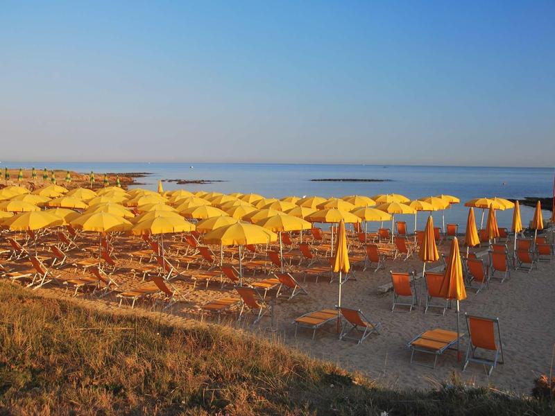 Strand mit vielen gelben Sonnenschirmen und Liegestühlen am ruhigen Meer unter blauem Himmel.