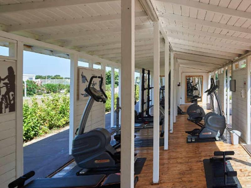 Fitnessraum mit mehreren Trainingsgeräten, Holzfußboden, weißen Wänden und offenem Blick nach draußen.