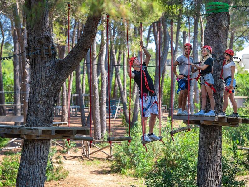 Gruppe von Menschen auf einer Hochseilgartenplattform im Wald mit Sicherheitsausrüstung.
