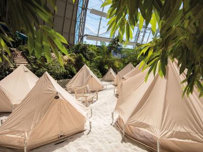 Mehrere Zelte stehen in einer von Palmen gesäumten, hellen Halle.