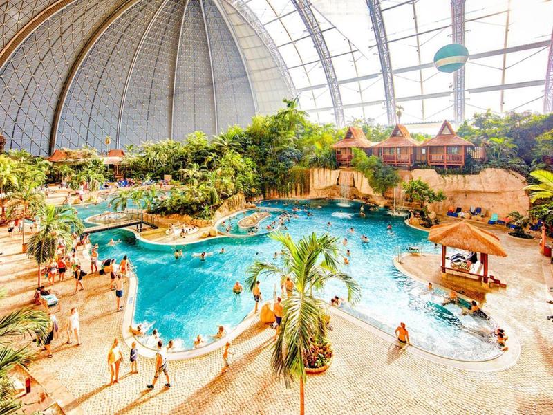 Large tropical indoor pool with palm trees and lounge chairs under a dome.