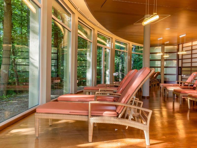 Comode sedie a sdraio davanti a grandi finestre di vetro con vista su una foresta verde