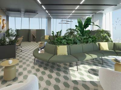 Modern gestalteter Lounge-Bereich mit grüner Eckcouch, Pflanzen und großen Fenstern.