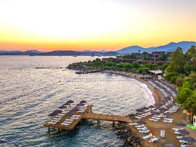 Sonnenuntergang über ruhigem Meer mit Dock, Strandliegen und grünen Bäumen am Ufer.