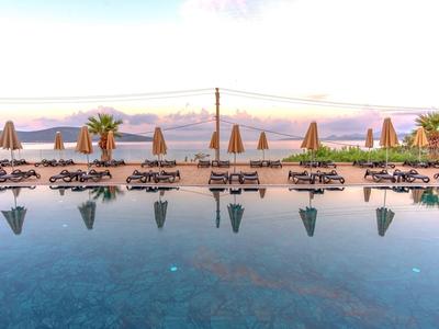 Infinity pool with lounge chairs and umbrellas by the sea at sunrise.