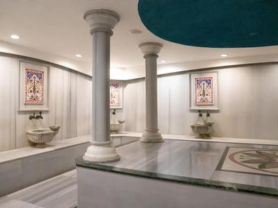 Elegancka strefa wellness z marmurowymi kolumnami, ściennymi fontannami i harmonijnym oświetleniem.