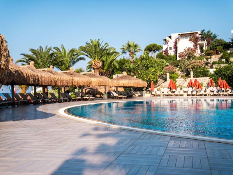 Duży, zakrzywiony basen z leżakami i palmami w słonecznym kurorcie.