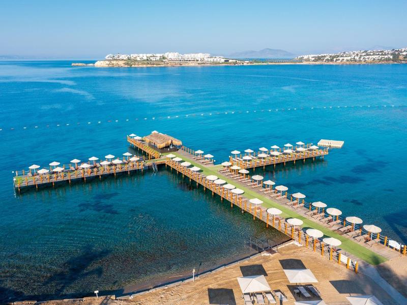 Pomost z parasolami i leżakami nad czystą niebieską wodą z wyspą w tle.