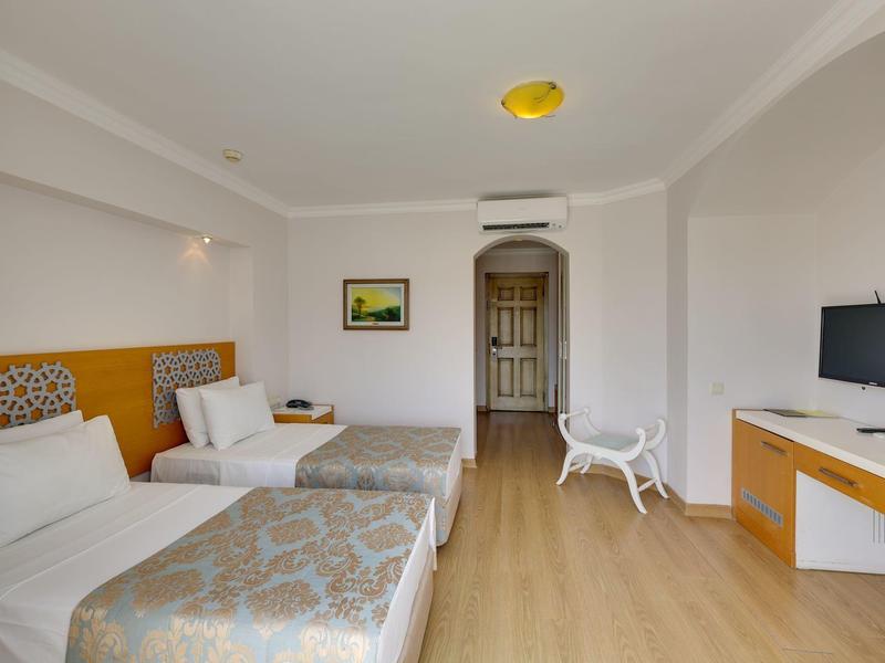 Lichte tweepersoonskamer met twee bedden, tv en bureau in een hotel.