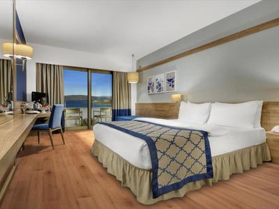 Modernes Hotelzimmer mit Doppelbett, Holzfußboden und Blick auf einen Balkon bei Dämmerung.