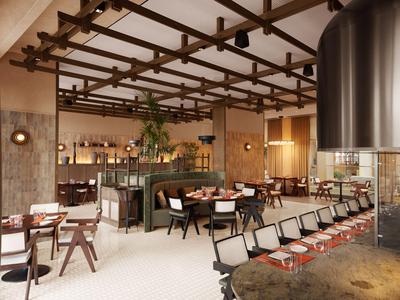 Moderne Hotellounge mit eleganten Tischen, Sesseln und einer offenen Kaminstruktur.