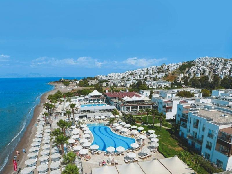 View of a beach hotel with pool, sun loungers, and sea view.