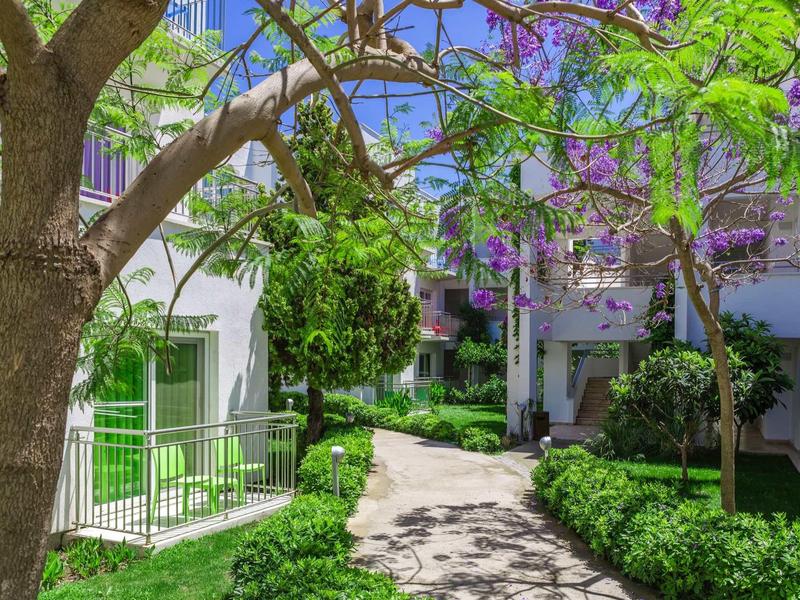 A shaded garden path surrounded by white-painted buildings and blooming purple trees.