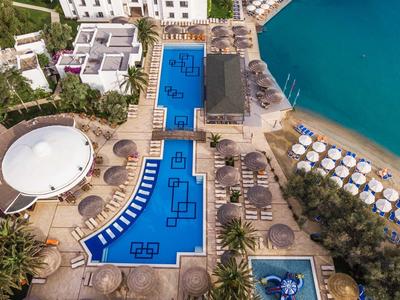 Aerial view of a luxury resort with two swimming pools and a beach by the sea.