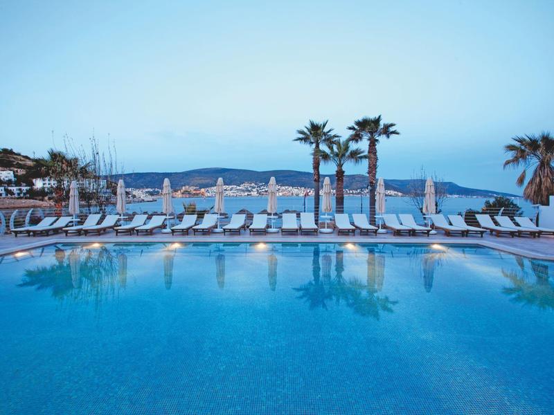 Paisaje de piscina al atardecer con tumbonas y palmeras junto al mar en un resort hotelero.