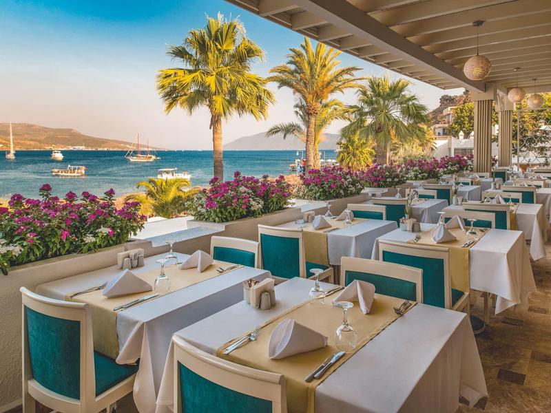 Terraza de restaurante junto al mar con mesas preparadas y palmeras al fondo.