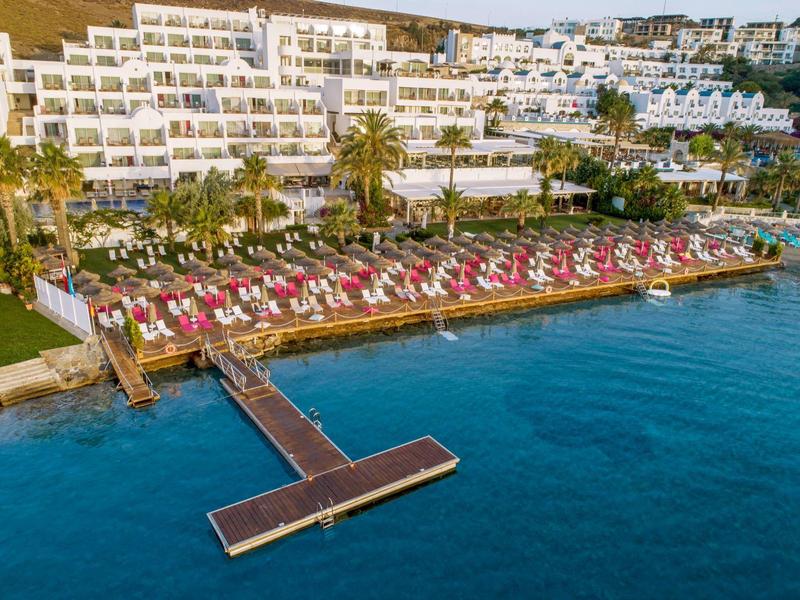 Gran hotel junto al agua con muelle, tumbonas y zona verde en clima despejado.