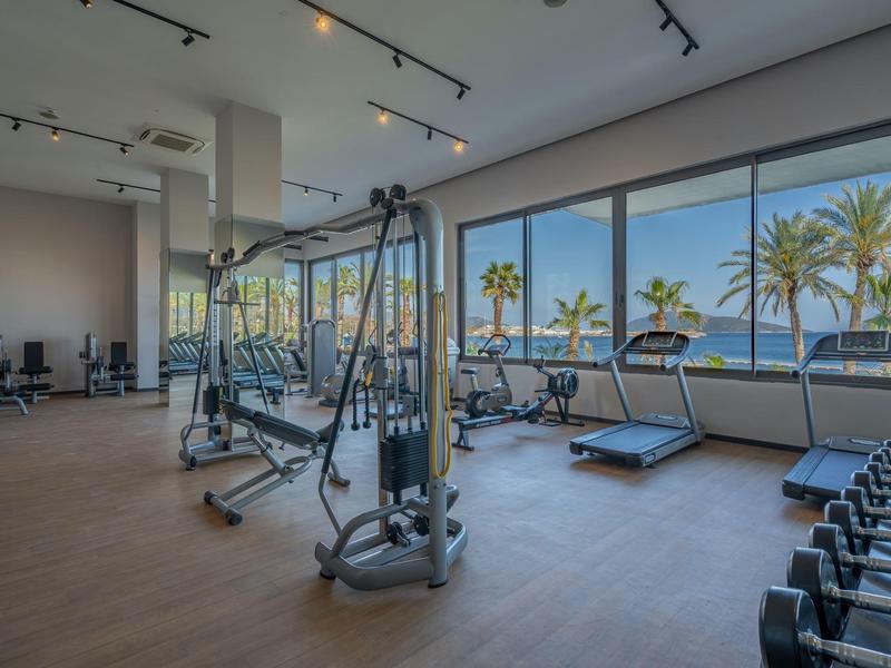 Nowoczesna siłownia z wyposażeniem, dużymi oknami i widokiem na palmy na zewnątrz.