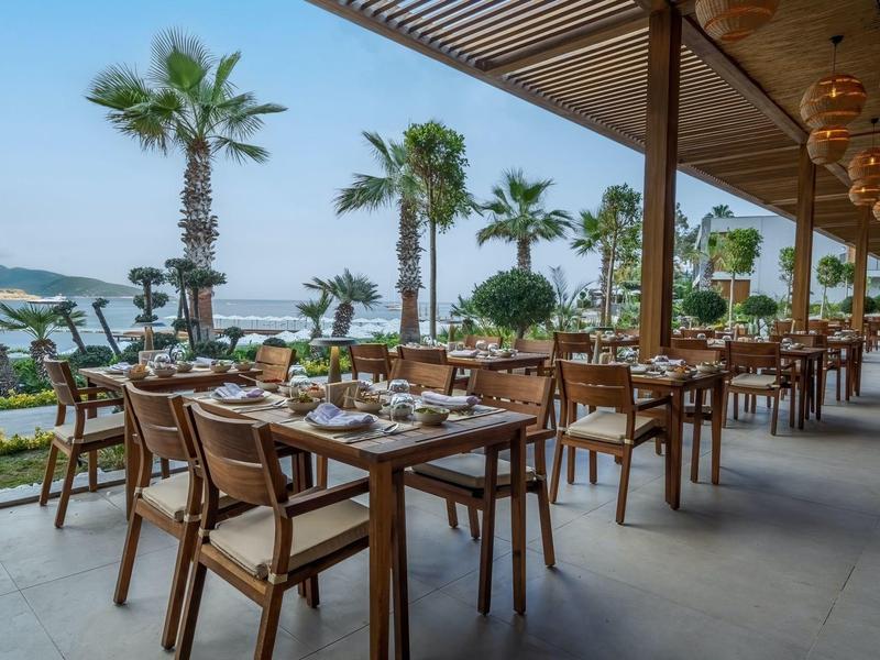 Taras restauracyjny nad morzem z drewnianymi stołami i tropikalną roślinnością.