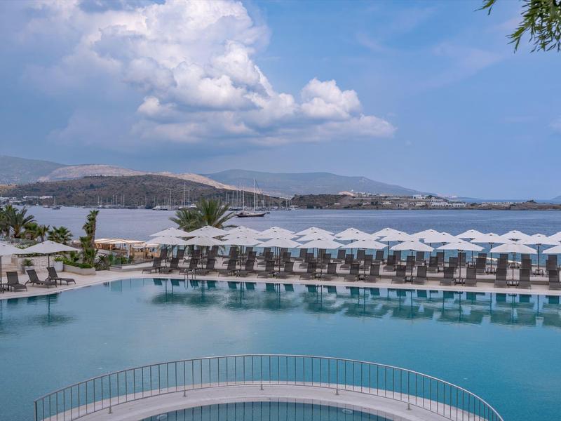 Basen z leżakami i parasolami z widokiem na nadmorski krajobraz i wzgórza.