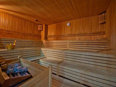 Sauna acogedora con bancos de madera en varios niveles y una estufa con piedras calientes.