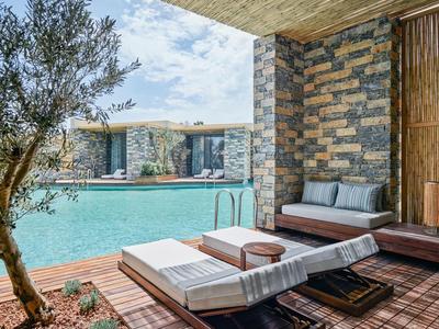 Modern outdoor area with pool, stone walls, and cozy sun loungers next to an olive tree.