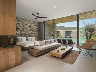 Modern living room with stone wall, large windows, and view of pool and garden.