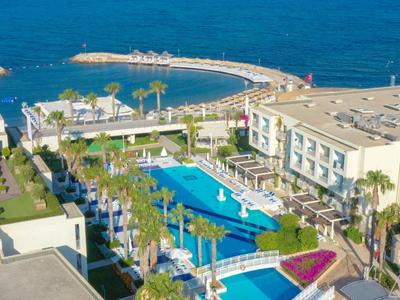 Aerial view of a hotel with large pool, palm trees, and a view of the sea and harbor.