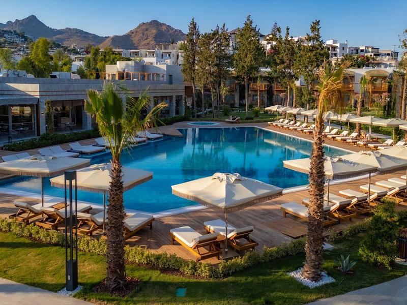 Une piscine extérieure avec transats et parasols entourée de palmiers dans un complexe hôtelier.