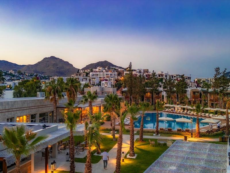 Espace piscine d'hôtel moderne avec palmiers, montagnes en arrière-plan et éclairage du soir