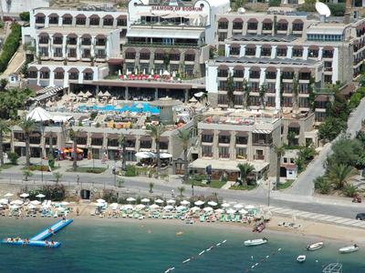Großes Hotel mit mehreren Stockwerken, Pool, Sonnenliegen und Strand mit klarem, blauem Wasser.