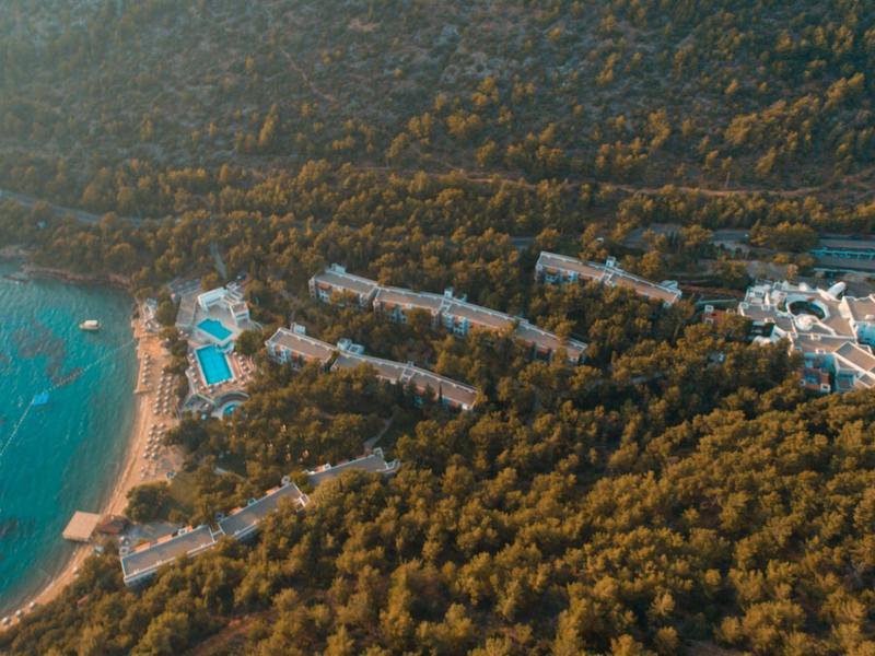 Aerial view of a resort with pools along a forested coastline and beach.