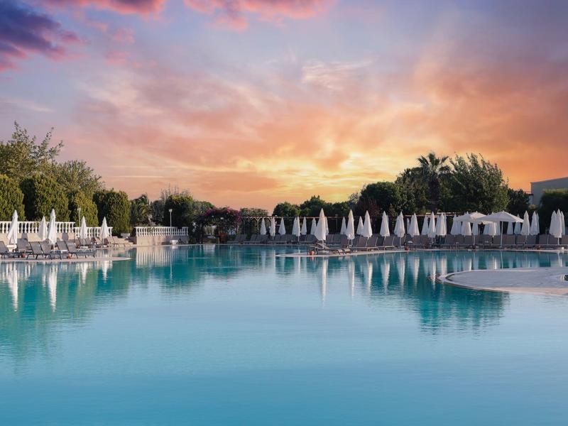 Großer Pool mit vielen weißen Sonnenschirmen und Bäumen vor farbigem Abendhimmel.