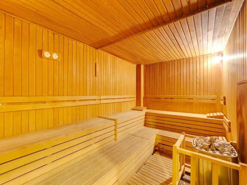 Sauna mit hellen Holzverkleidungen, mehrstufigen Bänken und einem Steinofen in der Ecke.