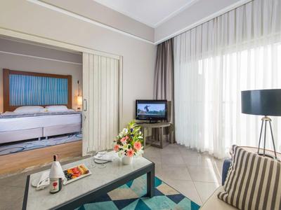 Lichte hotelkamer met woonruimte, tv, grote glazen voorkant en aangrenzende slaapkamer.