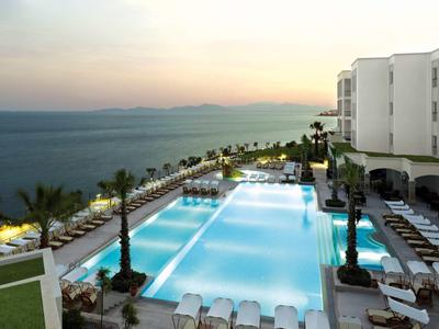 Uitzicht op een groot zwembad met ligstoelen en de zee op de achtergrond bij zonsondergang.