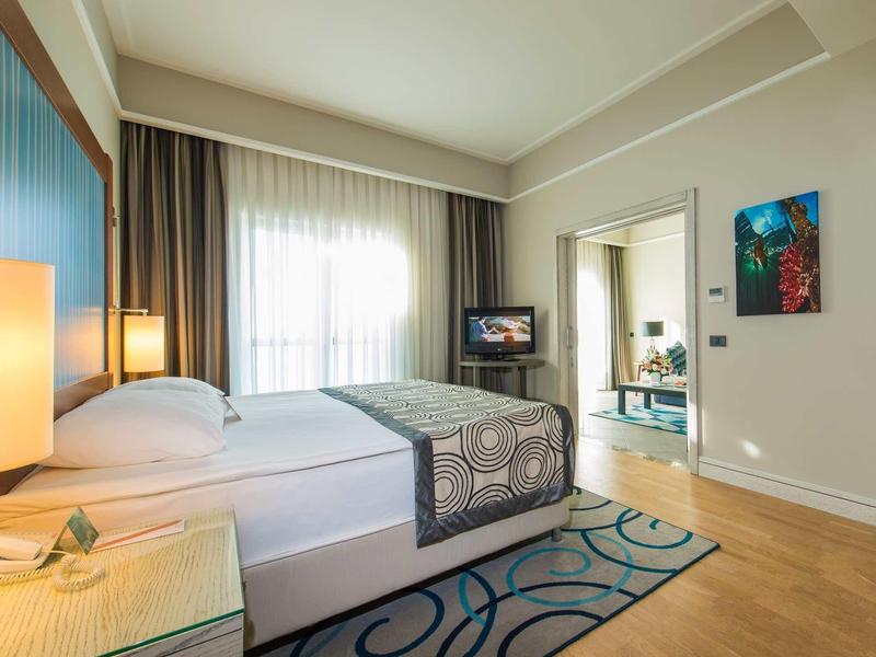 Modern hotelkamer met tweepersoonsbed, tapijt, tv en heldere raamfront.