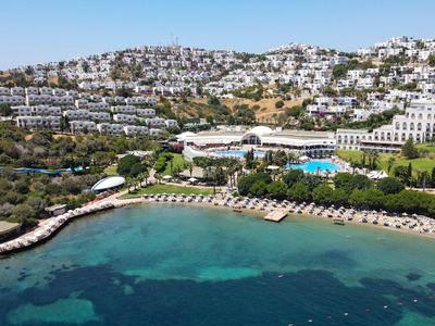 Küstenstadt mit weißen Gebäuden, grünem Hügel und klarem blauem Wasser am Strand.