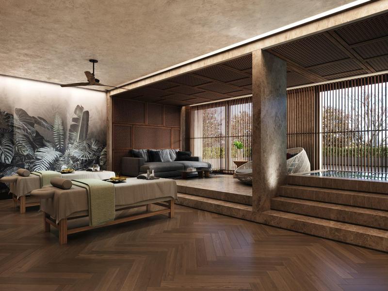 Nowoczesny salon z dużymi oknami i drewnianymi podłogami w hotelu.